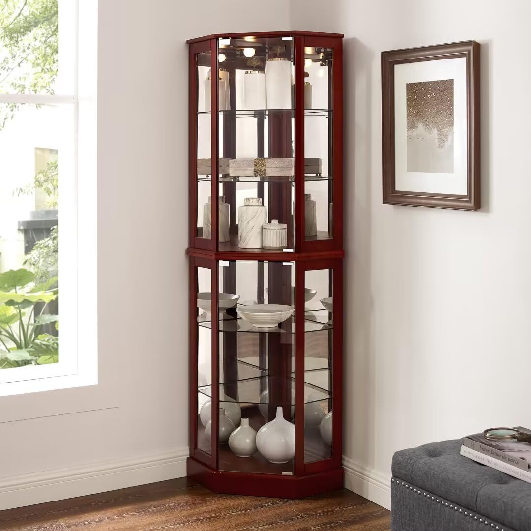 Lighted Curio Cabinet 6 Shelf Corner Corner with Shelves,Display Case for Living Room, China Hutch with Adjustable Tempered Glass Shelves Doors and Shelves, Bar and Liquor Storage Area-Cherry JIJIWANG
