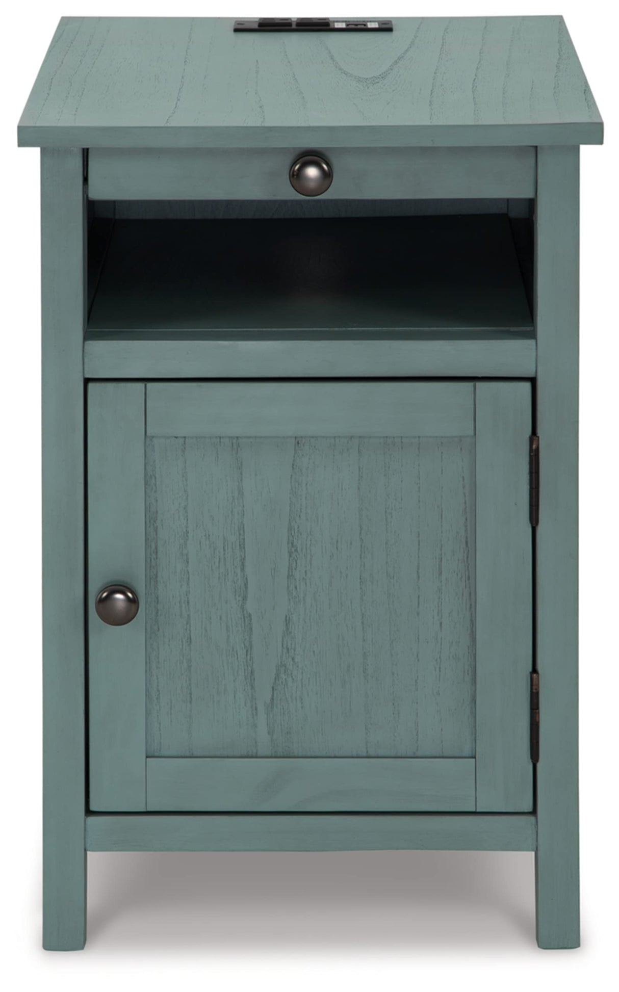 Signature Design by Ashley Treytown Casual Compact Chairside End Table with a Storage Cabinet, Open Cubby Shelf, Pull-Out Tray & USB Charging Ports, Blue Signature Design by Ashley