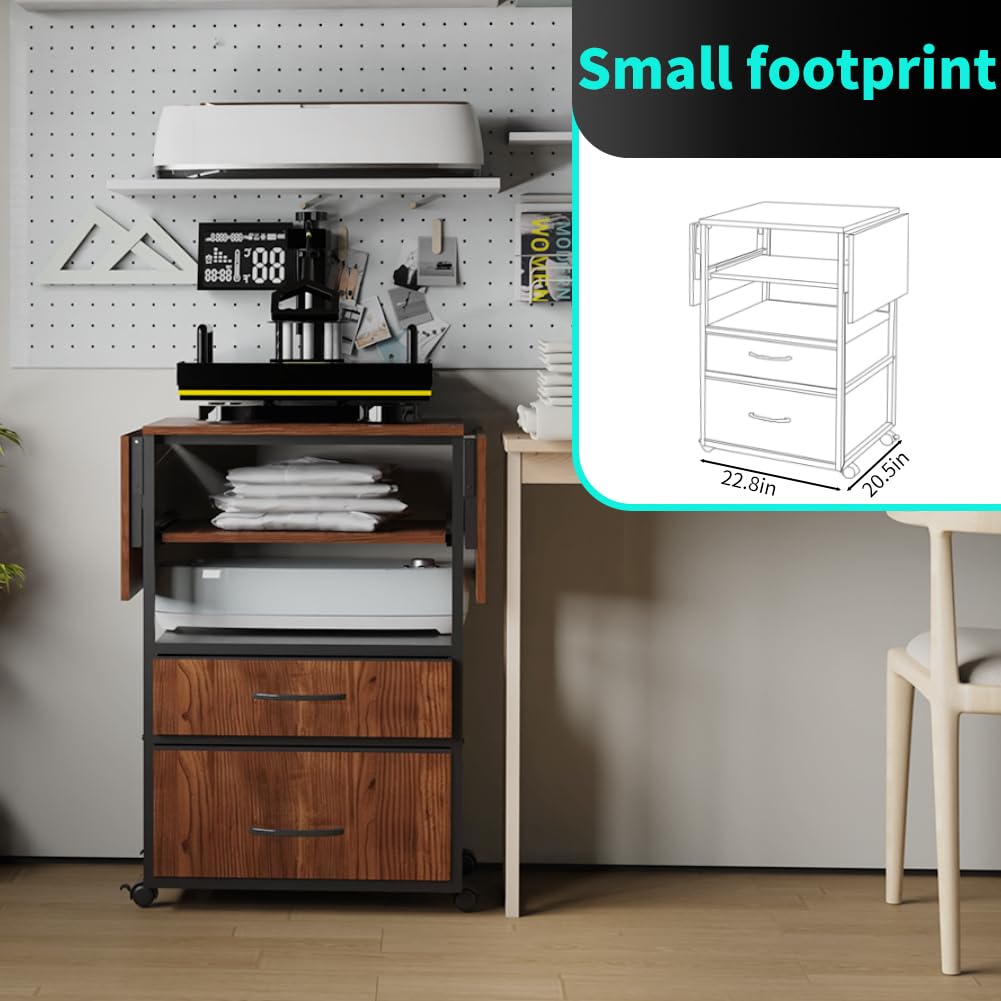 Movable Heat Press Table with Pull-Out Tray, 4 Tier Foldable Heat Press Stand with Drawers - Heat Press Stand with Wheels for Easy Mobility, Heavy Duty Rolling Metal Workbench (Brown) VCGGAIP