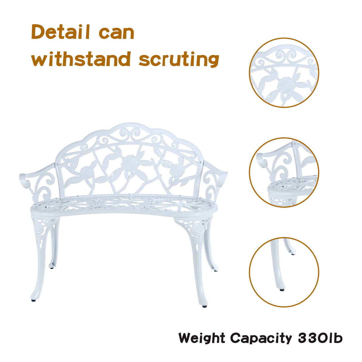 JARDIN DE CENTENNIAL Patio Garden Bench Metal Park Bench Cast Aluminum Outdoor Furniture with Floral Rose for Patio,Park,Lawn,Yard (White) JARDIN DE CENTENNIAL