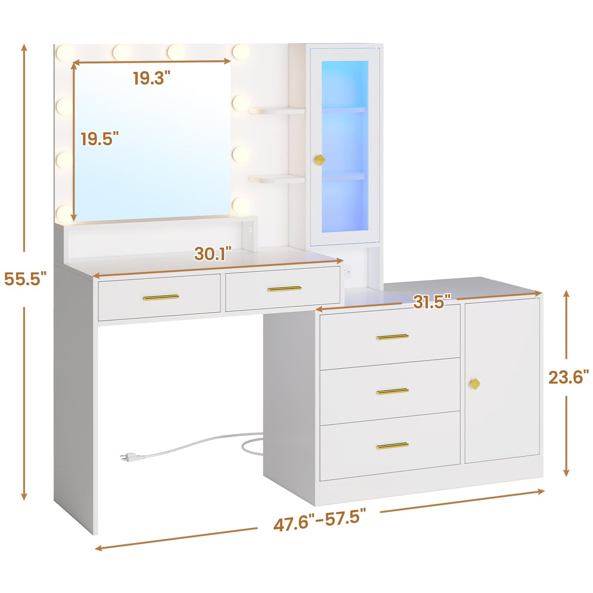 HAUOMS White Makeup Vanity with Lights Vanity Desk with Mirror, Large Vanity Table Set with Drawer Dresser, Charging Station & RGB Cabinets, Makeup Table with 5 Drawers and Storage Shelves, White HAUOMS