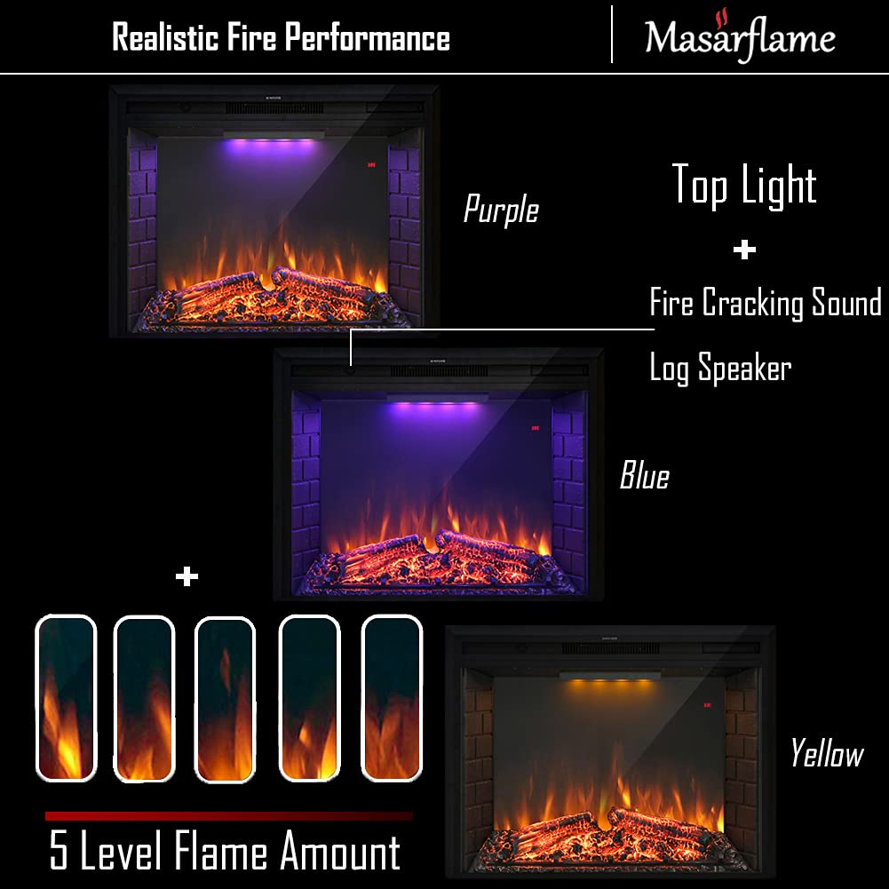 Masarflame 36'' Electric Fireplace Insert, Retro Recessed Fireplace Heater with Fire Cracking Sound, Remote Control & Timer, 750/1500W, Black Masarflame