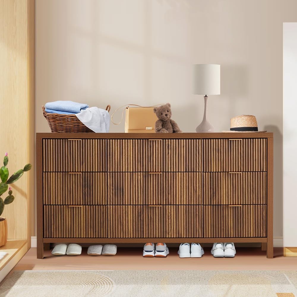 9 Drawer Dresser Cabinet, Long Nightstand with Drawers and Storage Cabinet, Farmhouse Solid Wood Dresser TV Stand, Mid Century Modern Nightstand with 9 Drawer Side Table for Bedroom Closet (Walnut) affeivul