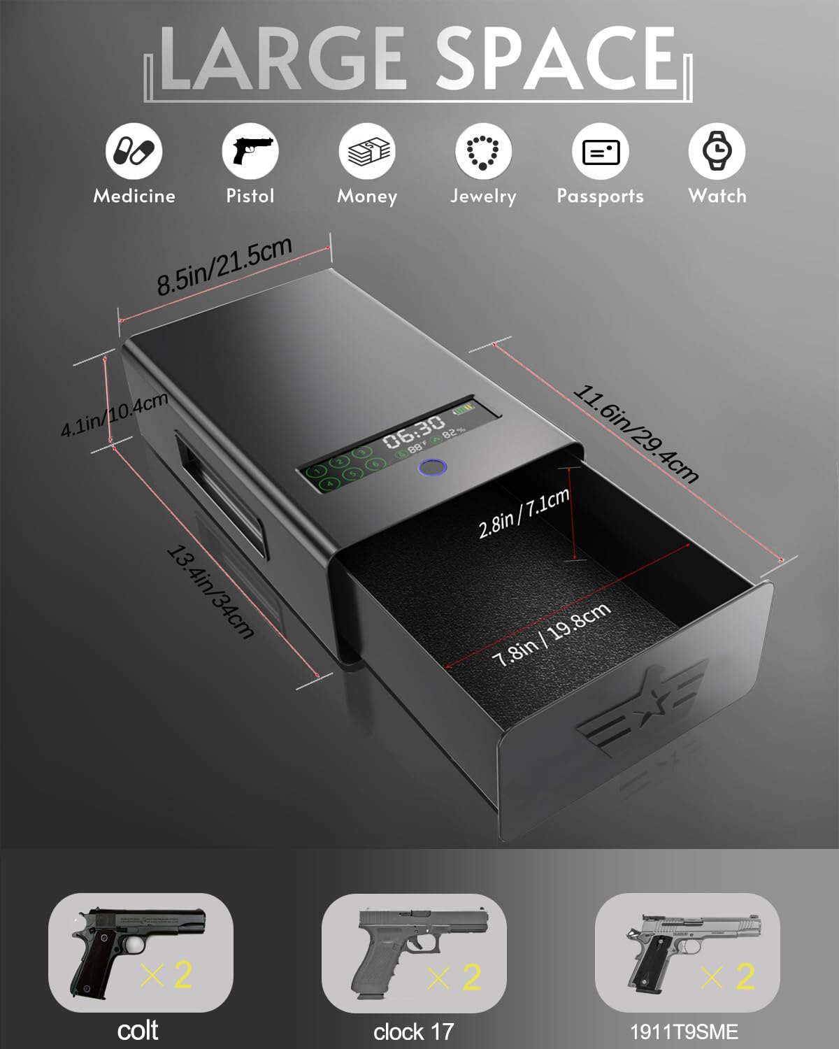 gun safe,Biometric Gun Safe For Handgun with fingerprint, key and digital password 3 .Smart Handgun Safe for Home Bedside Nightstand Car for 2 pistols Generic