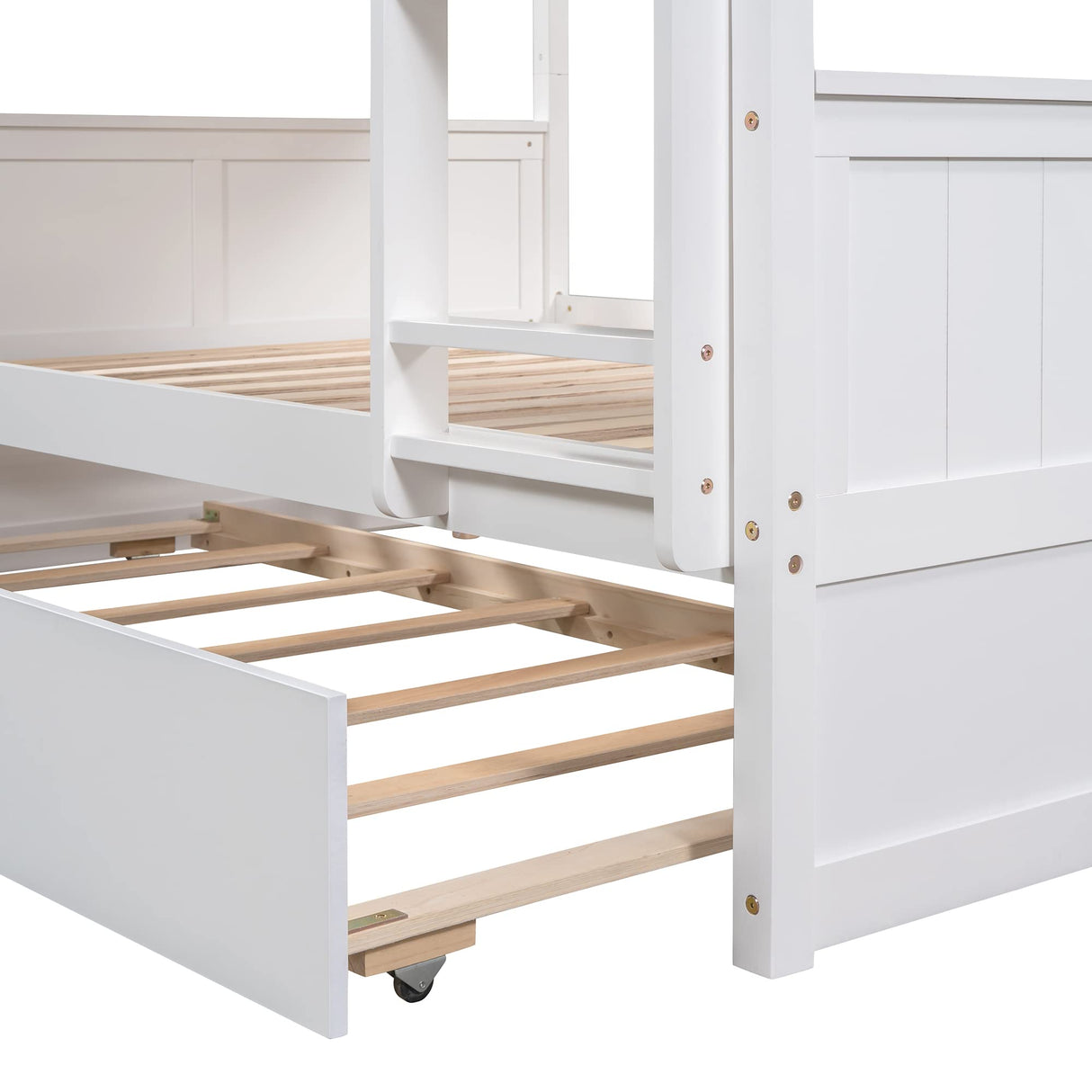 Merax Full Over Full Bunk Bed with Trundle,Wooden Trundle Bed Frame with Ladder Safety Guardrail,Convertible to 2 Platform Beds for Kids Teens,White Merax