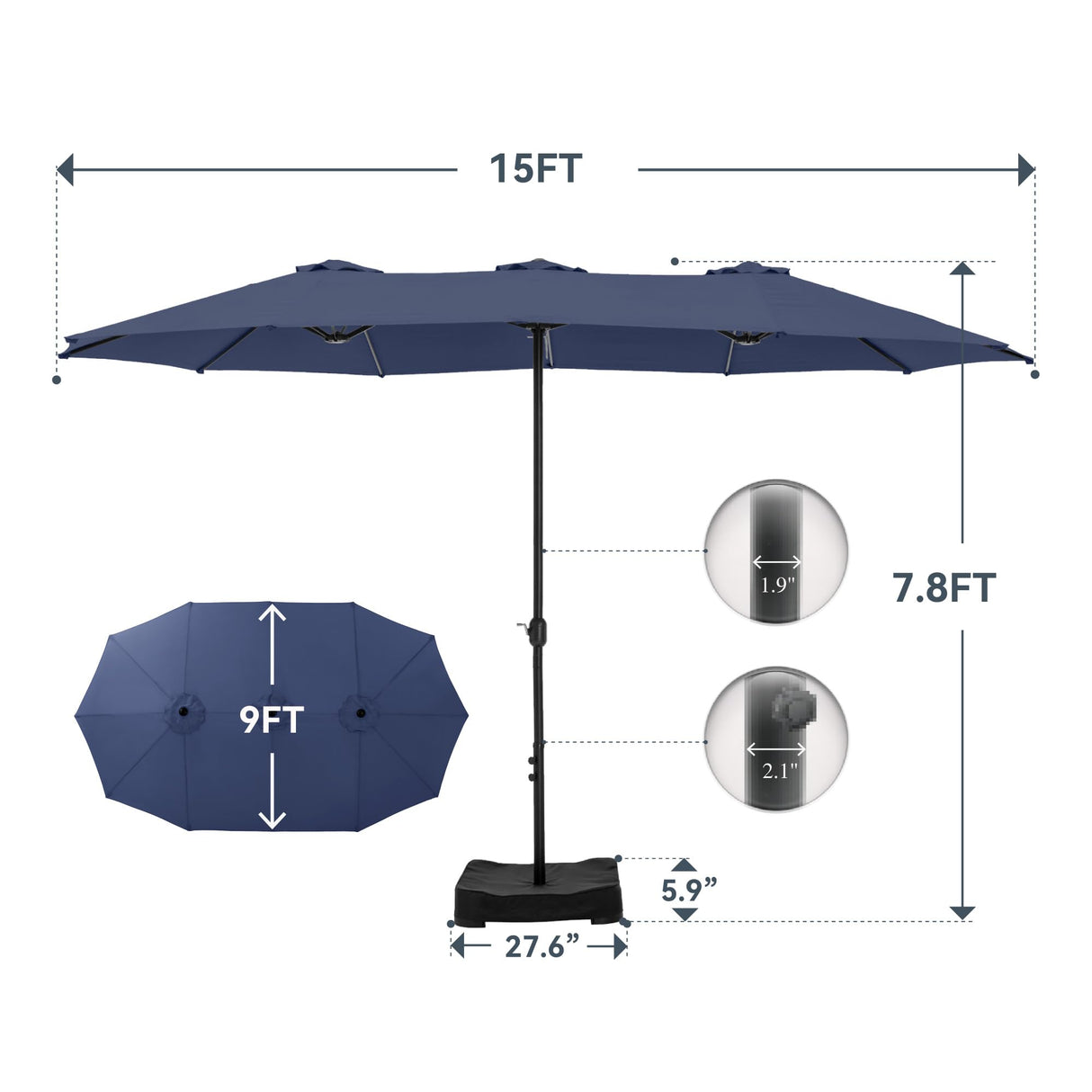 GREEN PARTY 15 ft Rectangle Patio Umbrella with Base Included, Double-Sided Table Umbrella with Crank, Large Outdoor Umbrellas for Patio Poolside Garden Backyard, Navy Blue GREEN PARTY