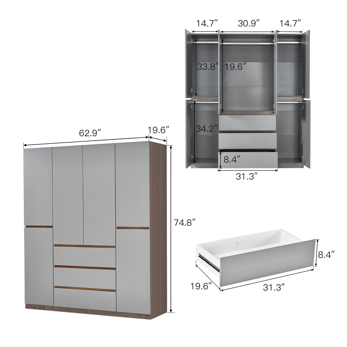 GraceGrove 4-Door Wooden Gray Armoire Wardrobe Closet with 3 Drawers for Bedroom Storage Wardrobe Closet Wood with Hanging Rod with Large Storage Wardrobe with Drawers 63" L x 20.3" W x 72" H GraceGrove