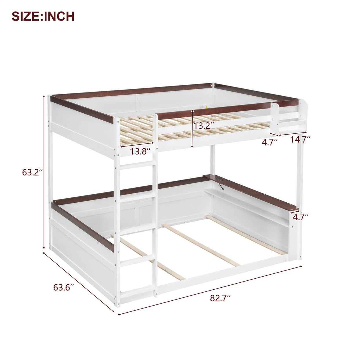 Merax Queen Over Queen Bunk Bed with Built-in Shelves for Teens Adults, Wood Bunk Bed with Light, USB Charging Station, No Box Spring Needed, White Brown Merax