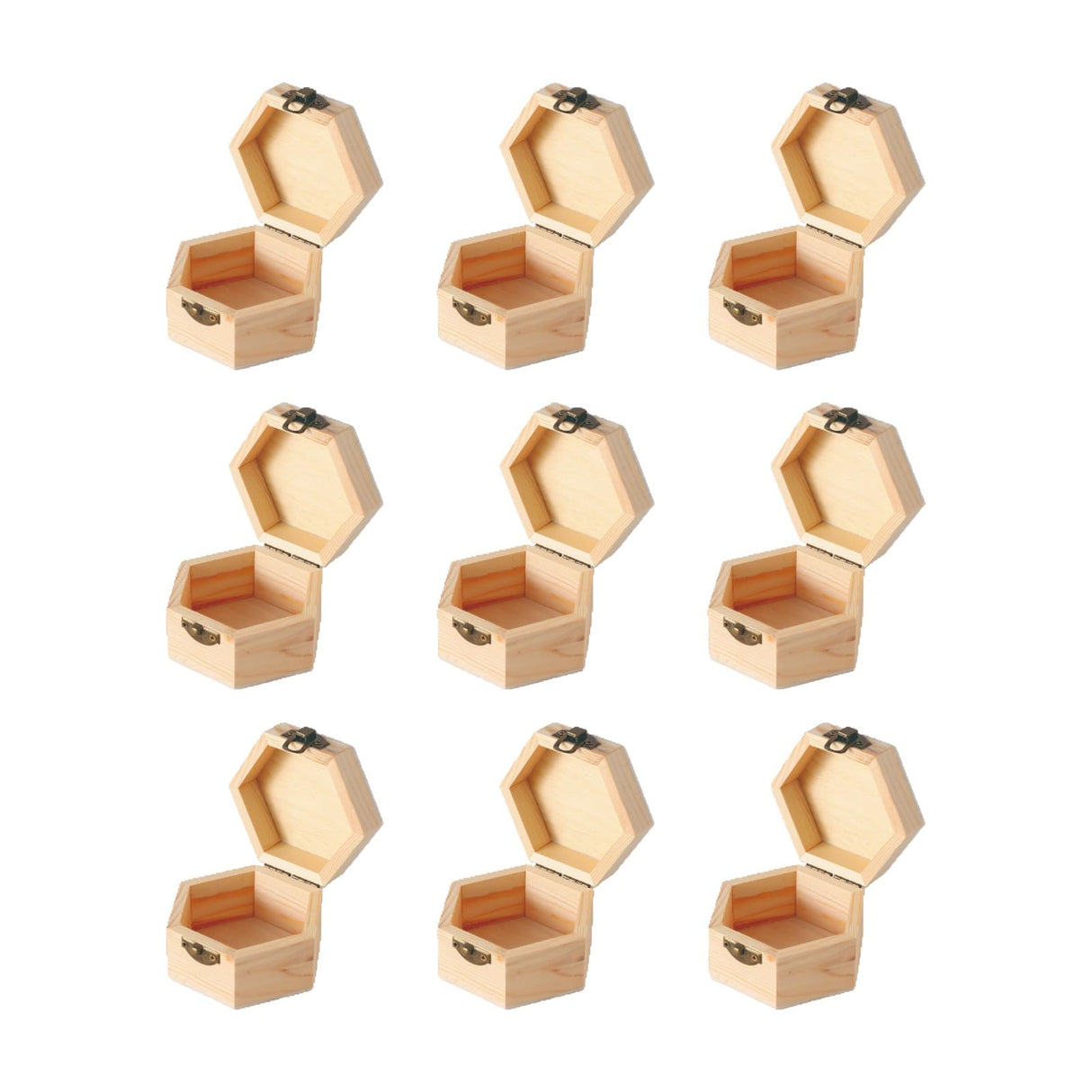 12 pcs Unfinished Vintage Wooden Hexagonal Pine Storage Boxes, 3.8X3.3X2.2in with Hinged Lids and Front Buckles for DIY Handmade Wooden Jewelry Box Xhqsulsclac