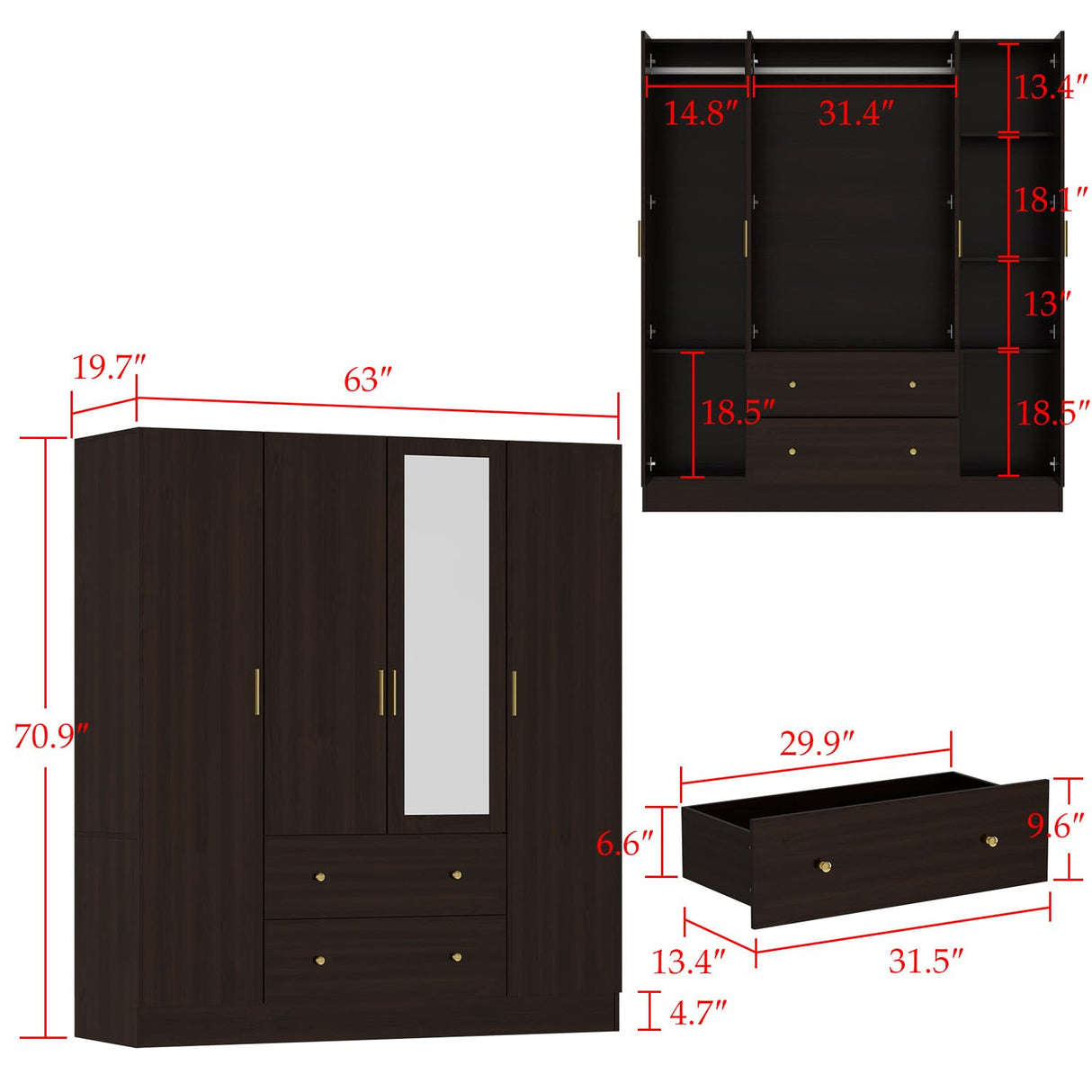 FUNSIR 4 Doors Bedroom Wardrobe, Wood Armoire with Mirror, 2 Clothes Hanging Rails, 5 Storage Shelves and 2 Drawers, 63" Wide Bedroom Storage Unit Clothes Organizer, Dark Brown(70.9" H) FUNISIR