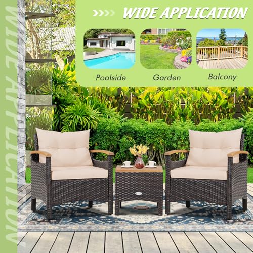 Tangkula 3-Piece Patio Furniture Set, Patiojoy Outdoor Rattan Sofa Set with Coffee Table, Patio Conversation Set with Removable Cushion, Cozy Acacia Wood Armrests for Backyard, Poolside (Beige) Tangkula