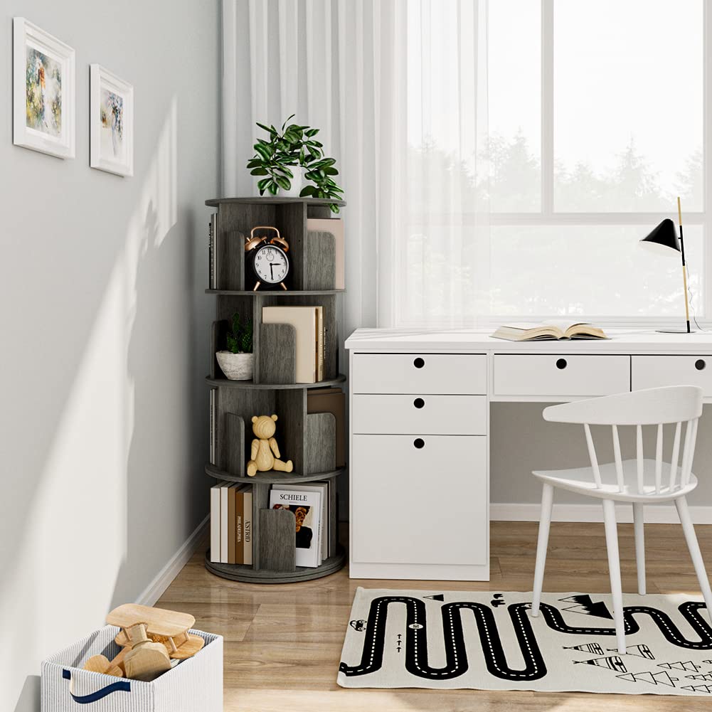 OTK 360° Rotating Bookshelf - 4 Tier Wooden Corner Bookcase in Black Oak for Small Spaces OTK