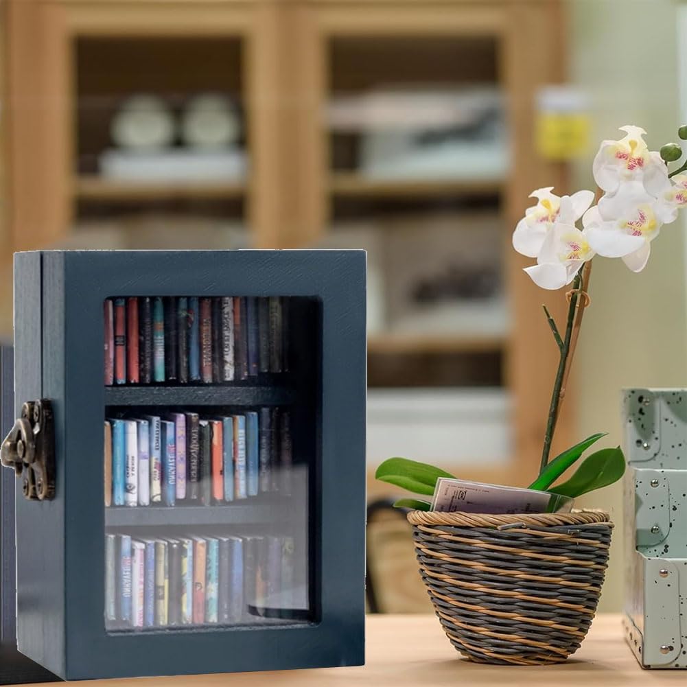 Anxiety Bookshelf Mini Bookshelfs, Anxiety Mini Bookshelf for mini books Ornament, Shake Away Your Anxiety Miniature Book Library with 60pcs Books for Book Lovers Home Room Office Decor (Blue) Rxsdeni