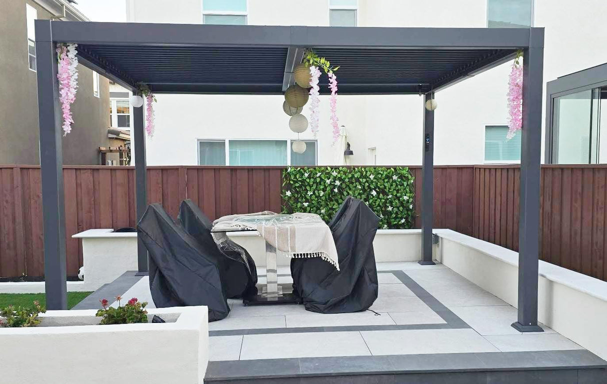 PURPLE LEAF Louvered Pergola 92KS 10' x 14' with Integrated LED Strip Lights Aluminum Outdoor Pergola with Adjustable Louvered Roof for Patio Deck Garden Yard Gray PURPLE LEAF