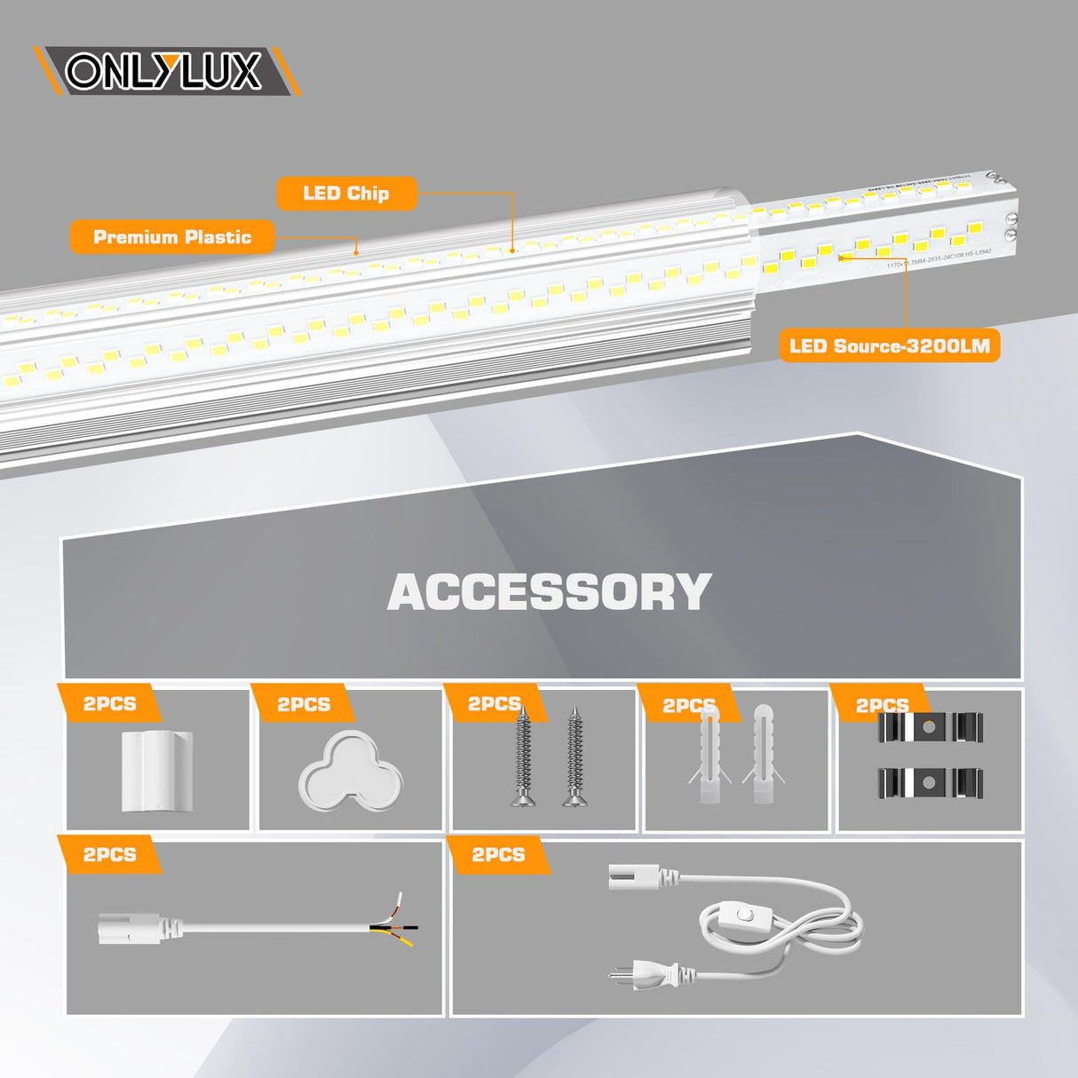 ONLYLUX LED Shop Lights, LED Tube Light 25W 6000K, Led Garage Light, Super Bright, Under Cabinet Lighting, Linkable with Plug LED Light for Workbench Workshop Basement (2 Pack) ONLYLUX