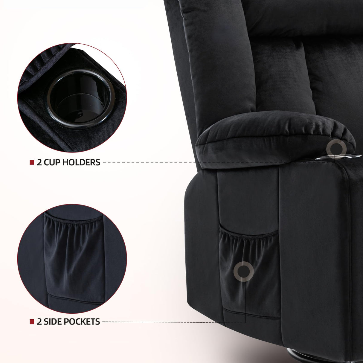 COMHOMA Recliner Chair,360° Swivel Rocker Glider Recliners with Cup Holders, Upholstered Fabric Rocking Chair for Adults,Manual Reclining Single Sofa for Living Room,Black COMHOMA