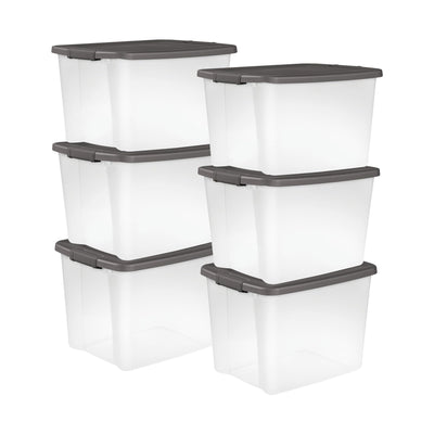 Sterilite 6-Pack ShelfTote, Clear Plastic Storage Bins with Lids, 50 Quart, Gray - Stackable Organizing Container Boxes for Closet, Bathroom, and Office