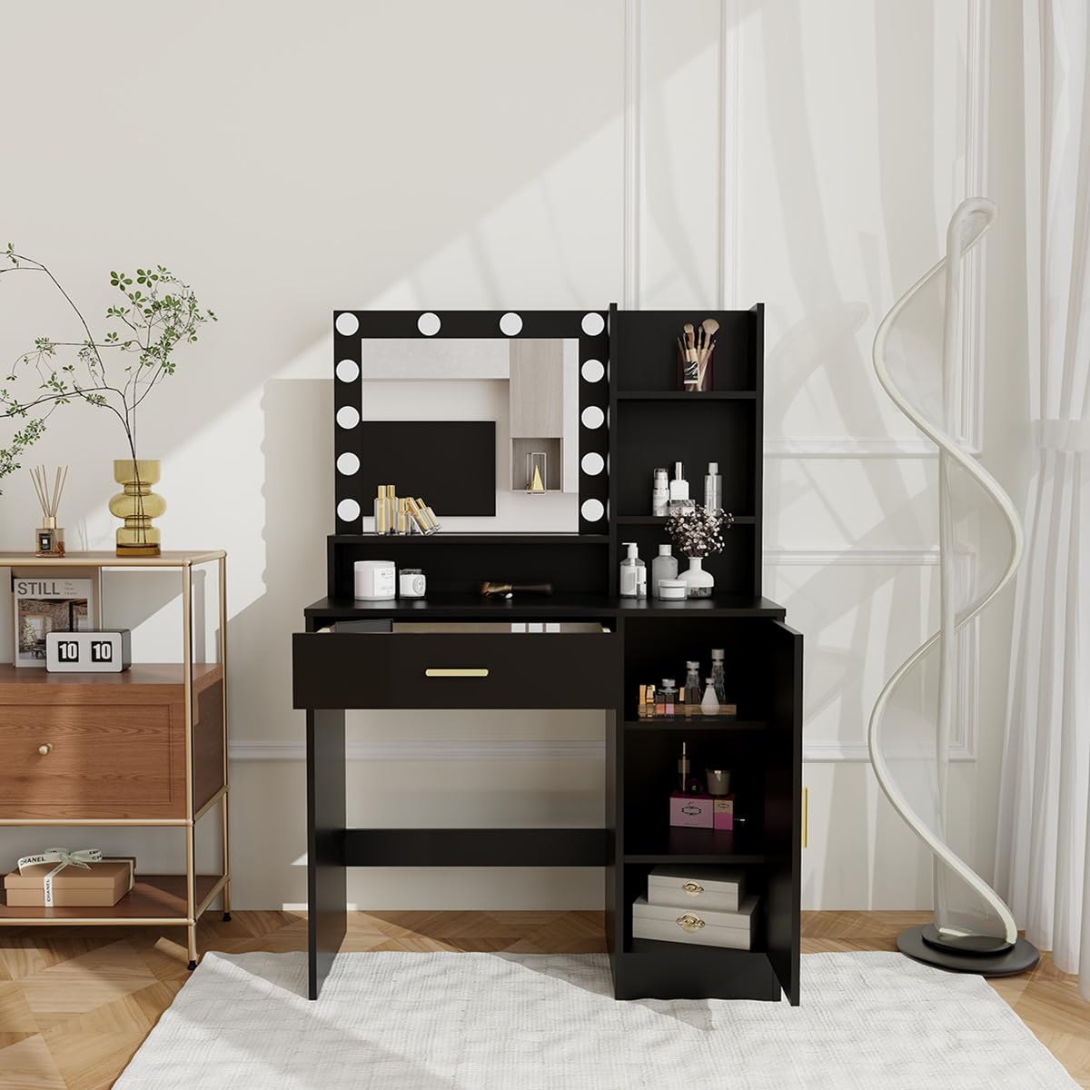 Vanity Desk, Vanity Mirror with Lights and Table Set with 1 Big Drawers, 1 Cabinet & 4 Shelves Makeup Vanity Set 3 Lighting Modes Brightness Adjustable Dressing Table (Black) Panana