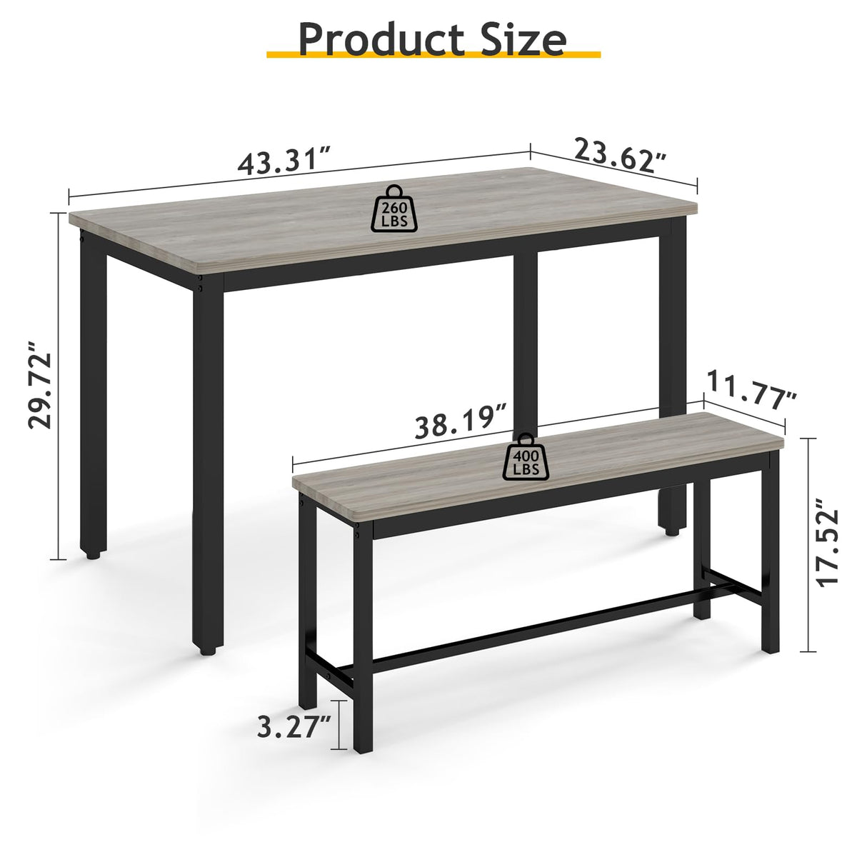 Rovibek Dining Table Set for 4 with 2 Benches – Space-Saving Kitchen Table Set for Kitchen & Dining Room, Grey Rovibek