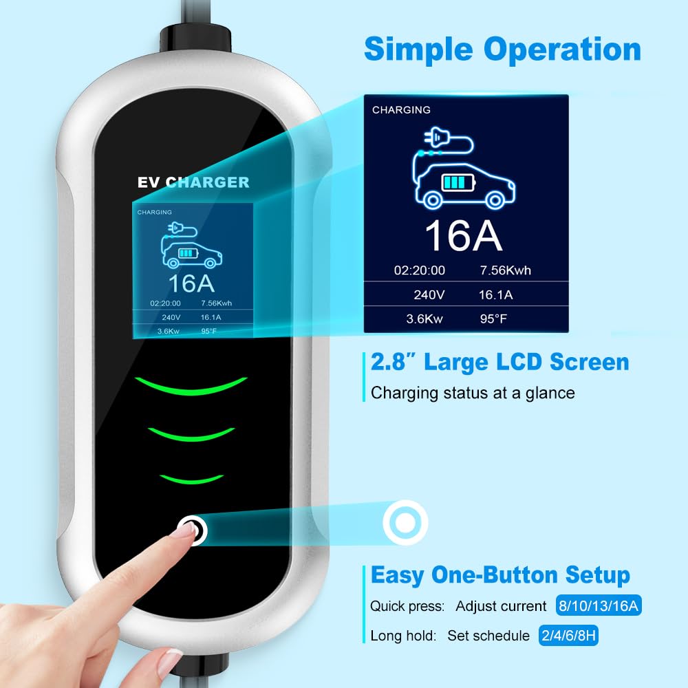 MACARLON Level 1 & 2 EV Charger, 16A 110V-240V 25ft Cable Portable J1772 Electric Car Charger American Flag Style with NEMA 6-20 & 5-15 Adapter for Home, Adjustable Current, Scheduled Charging, Silver MACARLON