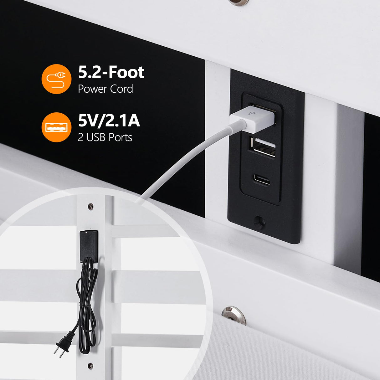 VINGLI Modern White Twin Over Full Bunk Bed with LED Lights and USB Charging Station VINGLI