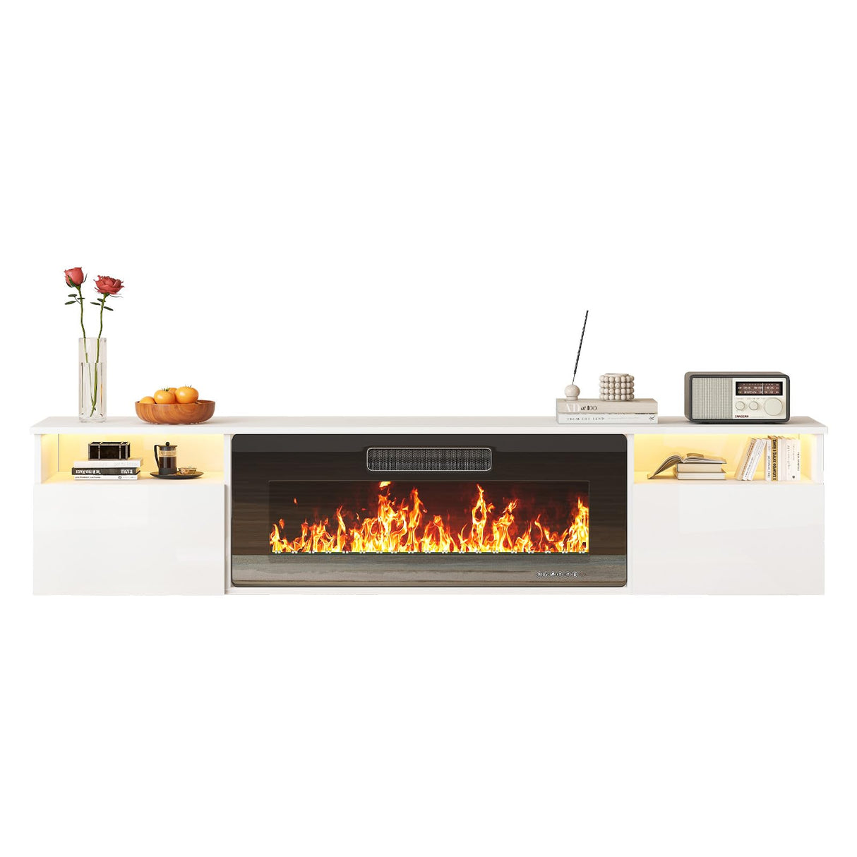 TABU 70" Floating TV Stand with 36" Electric Fireplace Heater, High Gloss Finished Modern Entertainment Center with LED Ambient Light, for TVs Up to 80",Wall-Mounted, White TABU