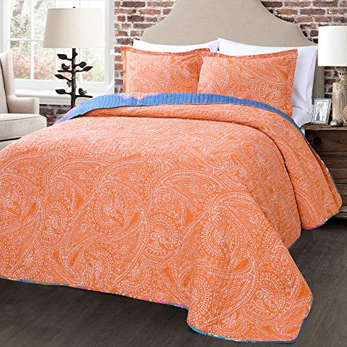 Lush Decor Boho Chic Reversible Cotton Quilt 3-Piece Set, King, Turquoise & Navy - Bright Paisley Print, Vibrant & Colorful Bohemian Bedding Set Lush Decor