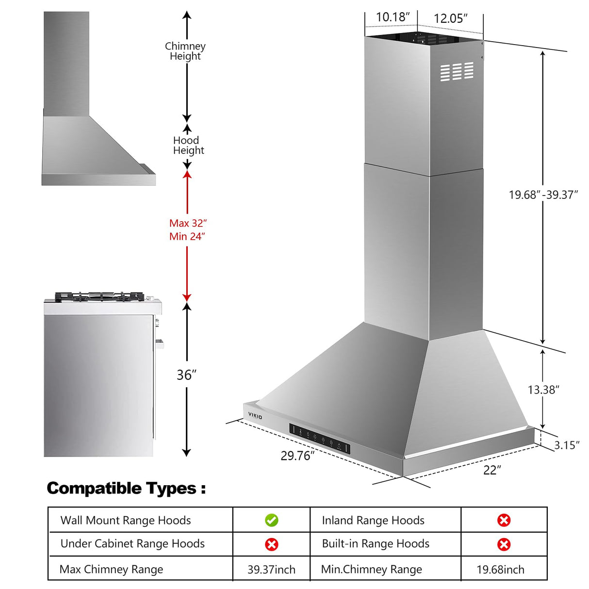 VIKIO HOME Wall Mount Range Hood 30 inch,Kitchen Vent Hoods 980 CFM Ducted/Ductless Range Hood,with Gesture Sensing & Touch Control Switch Panel, 3 Speed Exhaust Fan Permanent Filter VIKIO HOME