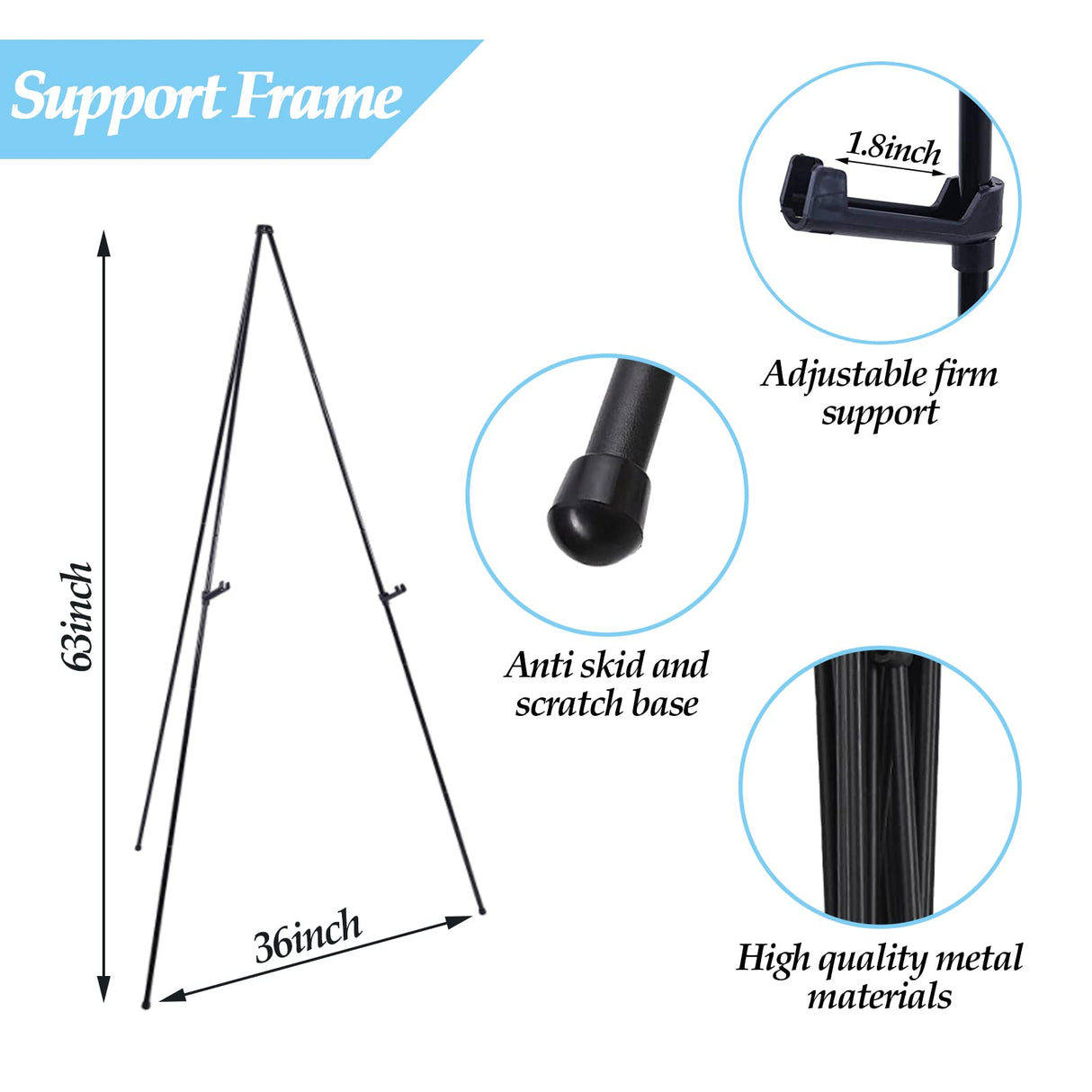 Thickened Easel Stand for Wedding Sign & Poster 63'' Portable Easels for Display Black Art Easel for Floor Adjustable Metal Easel Stand,Quick Set-Up Tripod Stand, Presentations,Signs,Posters (Black) Xlong