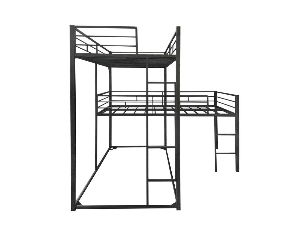 UOCFYK Twin Size L-Shaped Metal Triple Bunk Bed, Triple Bedframe with Ladder & Full-Length Guardrail for Kids Junior Adults, Box Spring Needed, Space Saving, Black UOCFYK