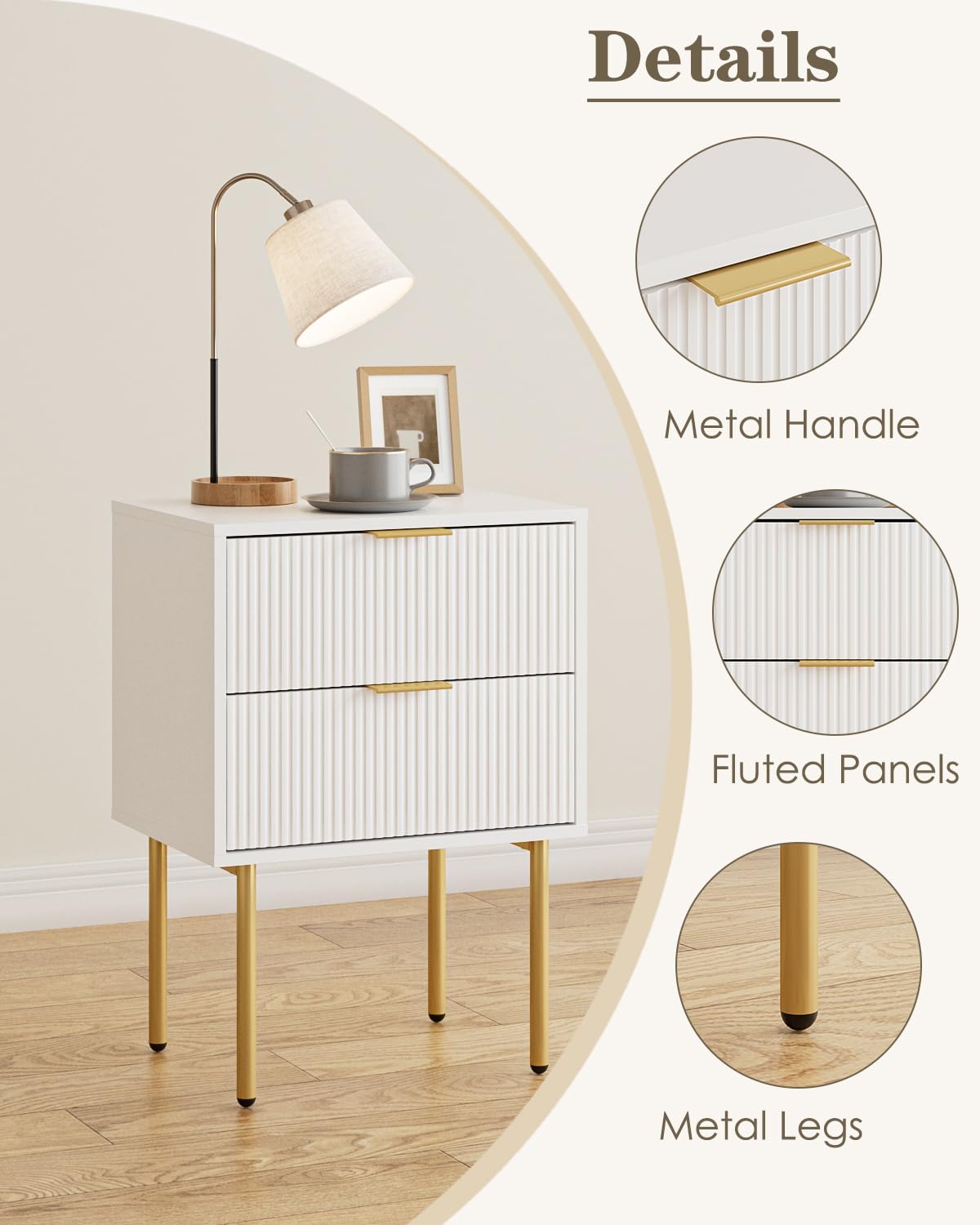 Aienvey Night Stand, Modern Nightstand with Drawers, Bedside Table, Gold Small Side Table for Bedroom, Living Room End Table (2 Drawers, White Stripe) Aienvey