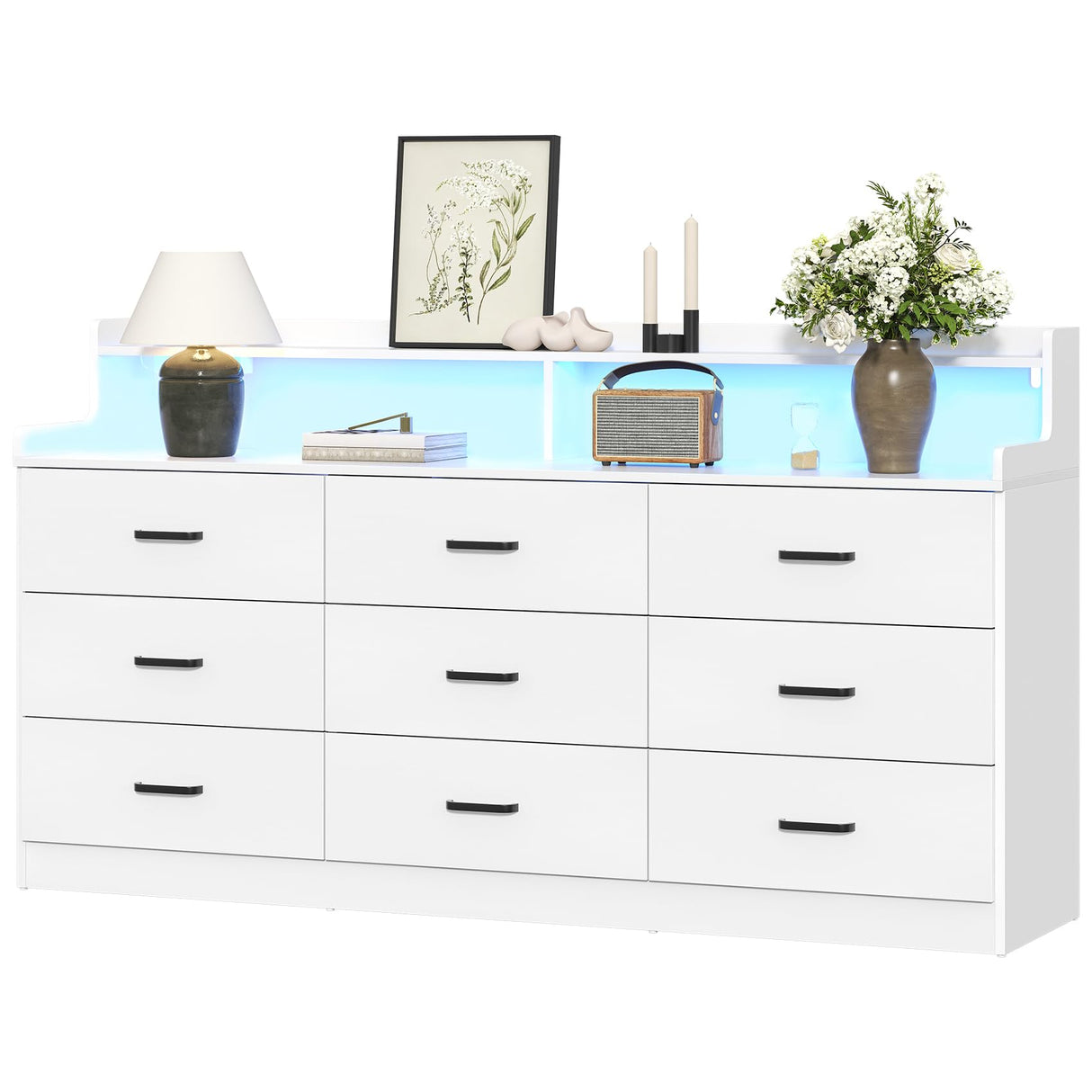 Bigbiglife 9 Drawer Dresser with Built in Power Outlet and LED Light, Modern Chest of Drawers for Bedroom, Triple Wide Drawer Organizer Cabinet for Living Room, Entryway, Hallway, Antique White Bigbiglife