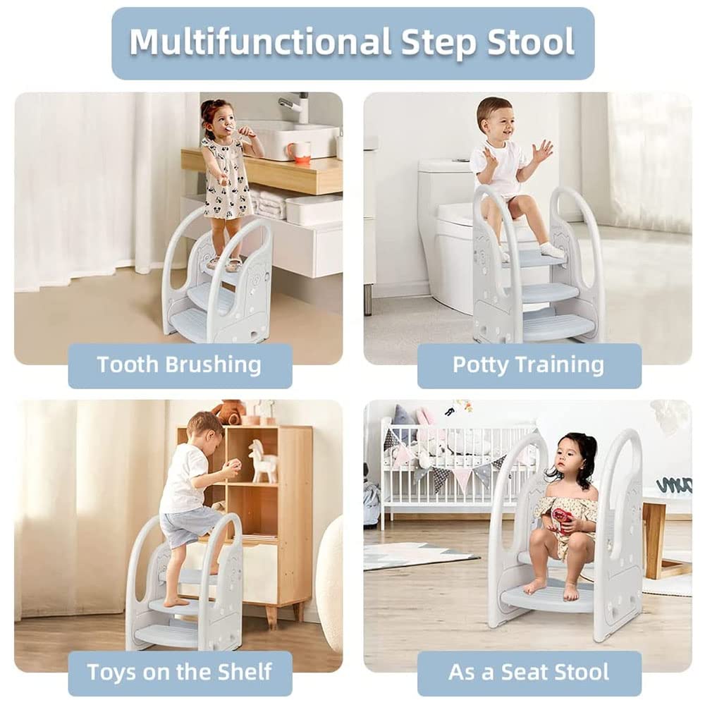 Toddler 3 Step Stool Onasti Kids Standing Tower for Toddlers Plastic Learning Helper Stool for Kitchen Counter Bathroom Sink Toilet Potty Training with Handles and Non-Slip Pads-Grey White Onasti