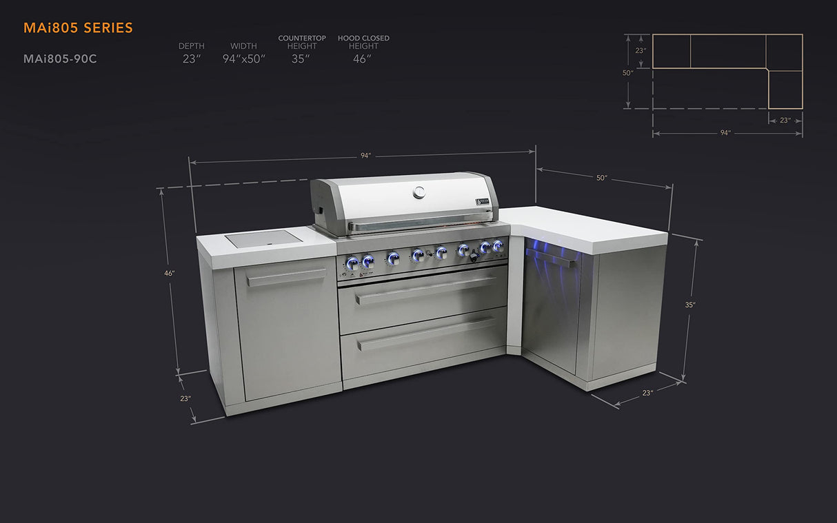 Mont Alpi MAi805-90 44-inch 6-Burner 115000 BTU 90 Degree Corner Stainless Steel Gas Outdoor Kitchen Bar Barbecue Island Grill + Infrared Side & Rear Burners + Granite Countertops + Storage Drawers Mont Alpi
