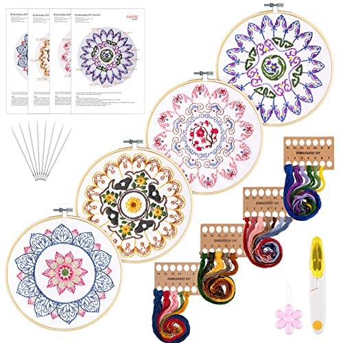 Whaline 4 Mandala Embroidery Starter Kit with Instruction Plum Blossom Chrysanthemum Orchid Lotus Needlepoint Cross Stitch Kit with Embroidery Hoop Threads Needle Scissors for Beginners DIY Craft