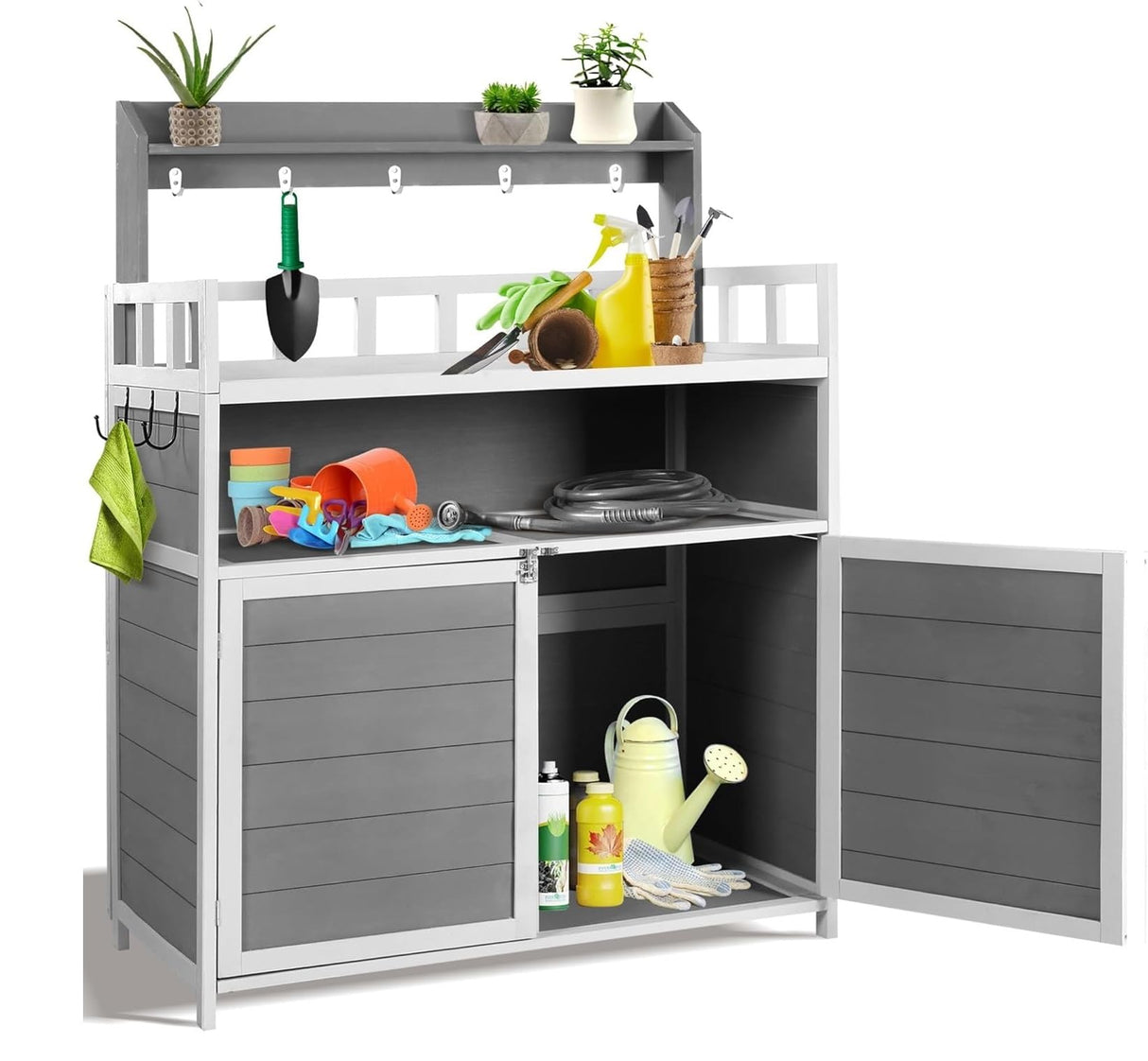 GRAVFORCE Outdoor Potting Bench Table, Garden Potting Benches for Outside Planting Work Bench Table Wooden Storage Plant Table Cabinet Gardening Table for Patio, Garden, Greenhouse, Backyard (Gray) GRAVFORCE