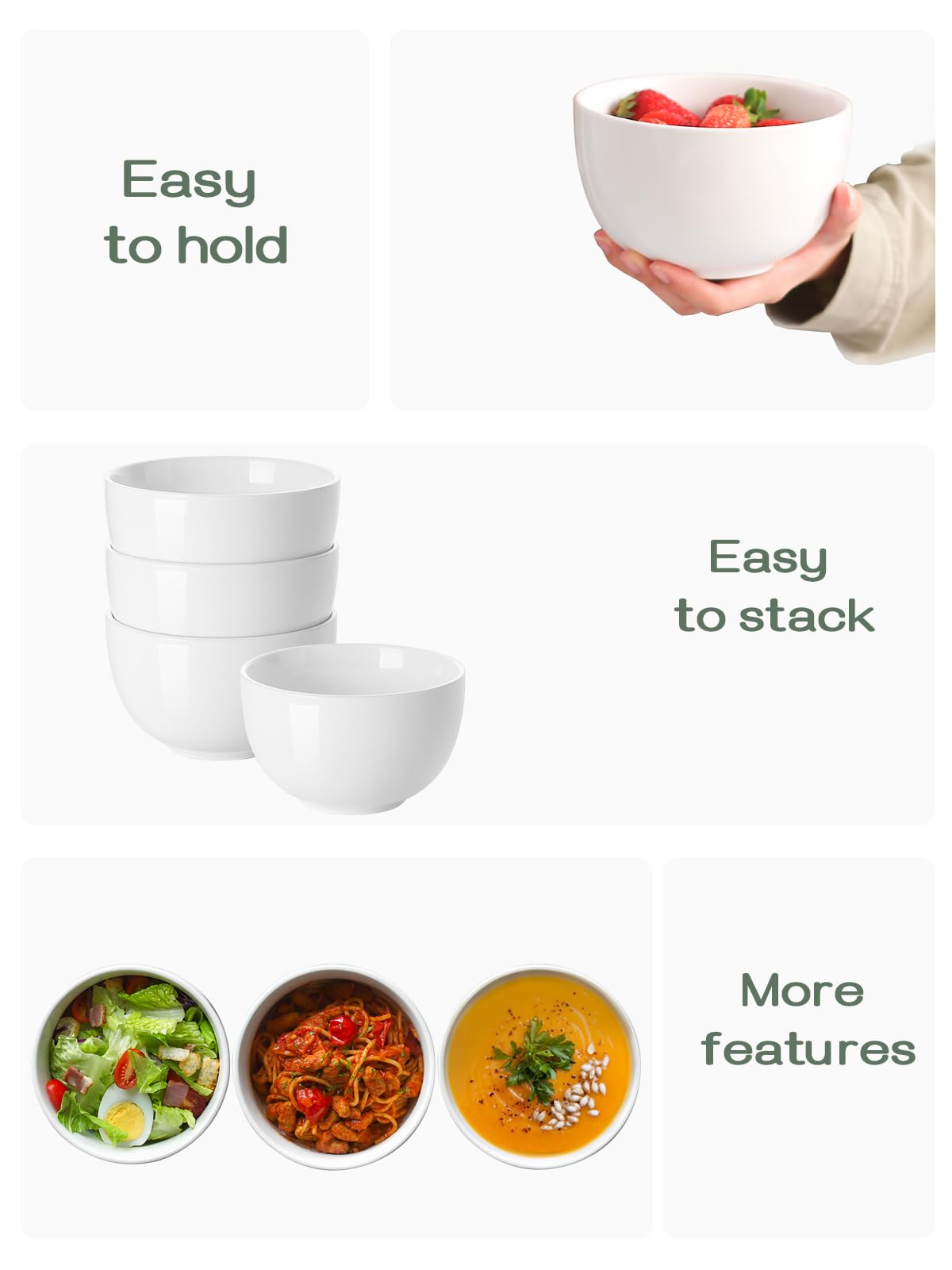 DOWAN 5.8" Deep Soup Bowls & Cereal Bowls - 30 Ounces Large Bowls Set of 4 for Kitchen - White Ceramic Bowls for Cereal, Soup, Oatmeal, Salad, Ramen, Noodle, Rice - Dishwasher & Oven Safe DOWAN