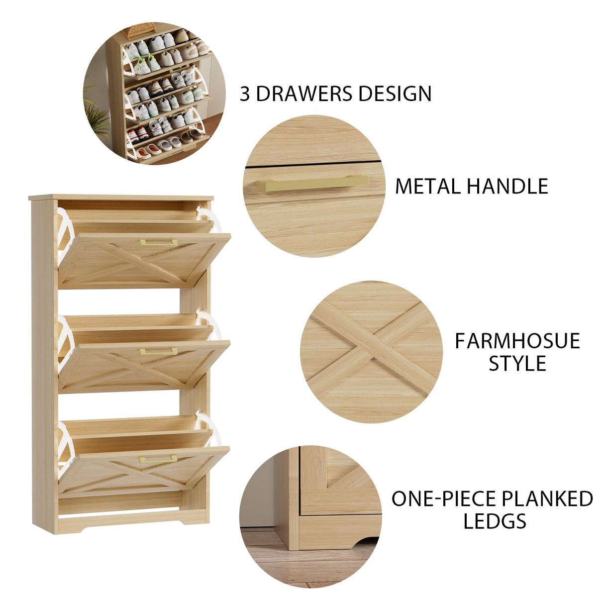 ROMMAK Shoe Cabinet for Entryway with 3 Flip Drawers, 3 Tier Freestanding, Slim Narrow Shoe Organizer Cabinet for Entryway, Hallway, Living Room (Natural Wood) ROMMAK