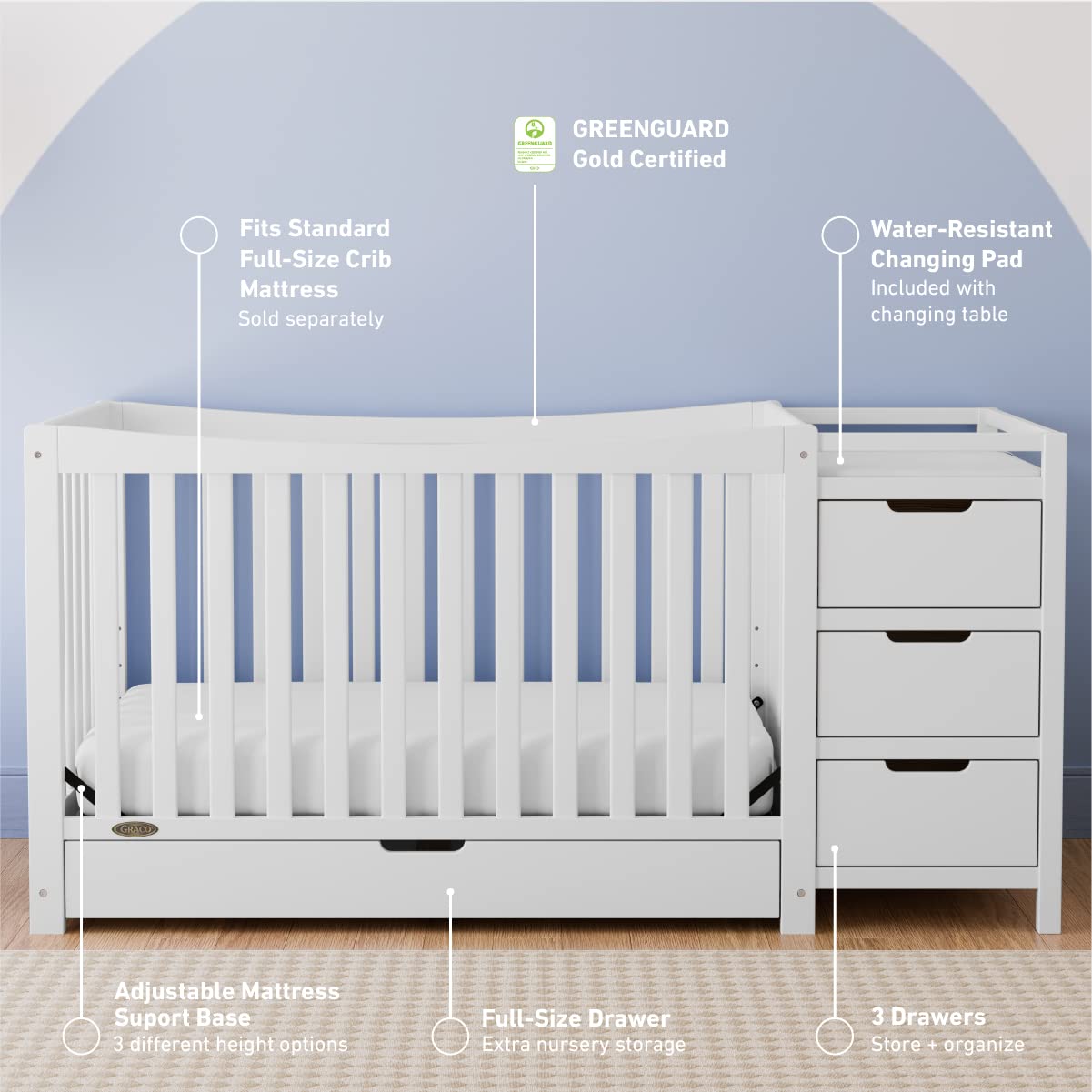 Graco Remi 4-In-1 Convertible Crib & Changer With Drawer (White) – GREENGUARD Gold Certified, Crib And Changing-Table Combo, Includes Changing Pad, Converts To Toddler Bed, Full-Size Bed Graco