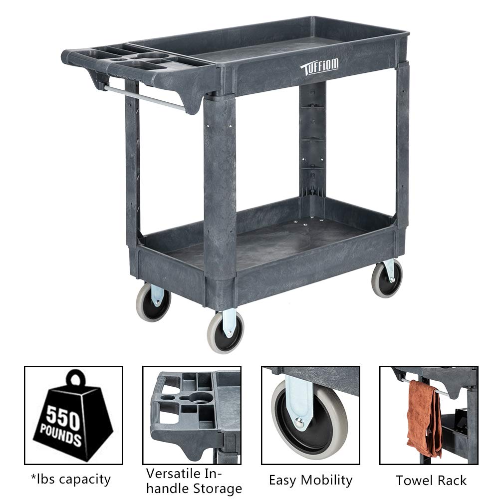 TUFFIOM Plastic Service Utility Cart with Wheels,550lbs Capacity,Heavy Duty Tub Storage Cart W/Deep Shelves, Multipurpose Rolling 2-Tier Mobile Storage Organizer, for Warehouse Garage industrial Cart TUFFIOM