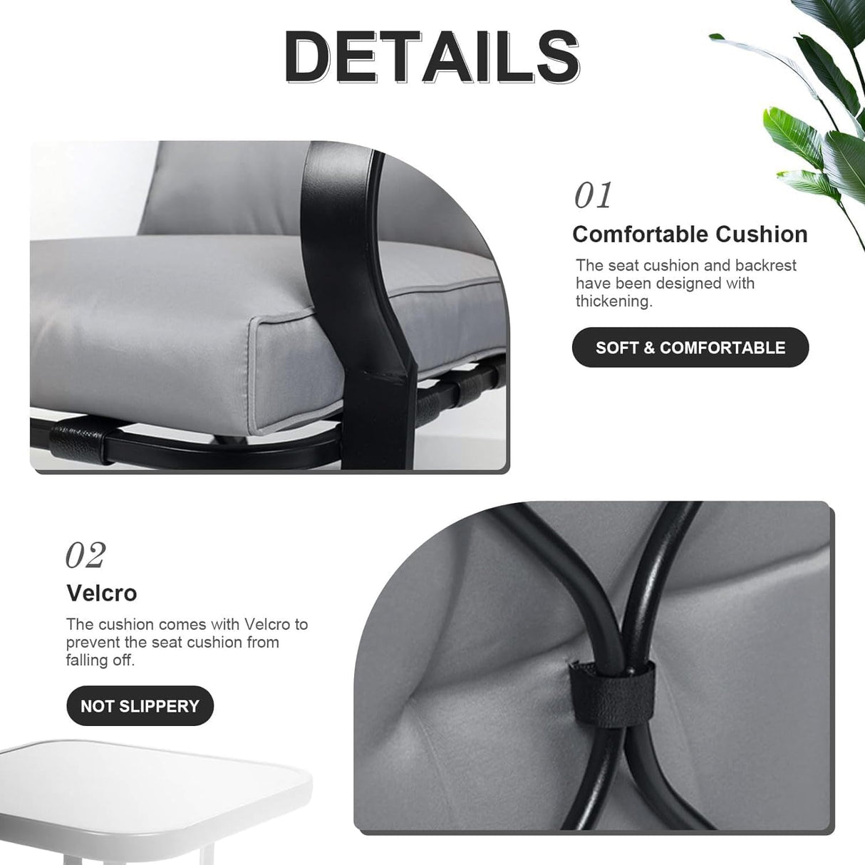 Oakmont Outdoor Furniture 3 Piece Conversation Bistro Set Rocking Chairs and Glass Top Table, Thick Cushions, Black Steel (Grey) Oakcloud