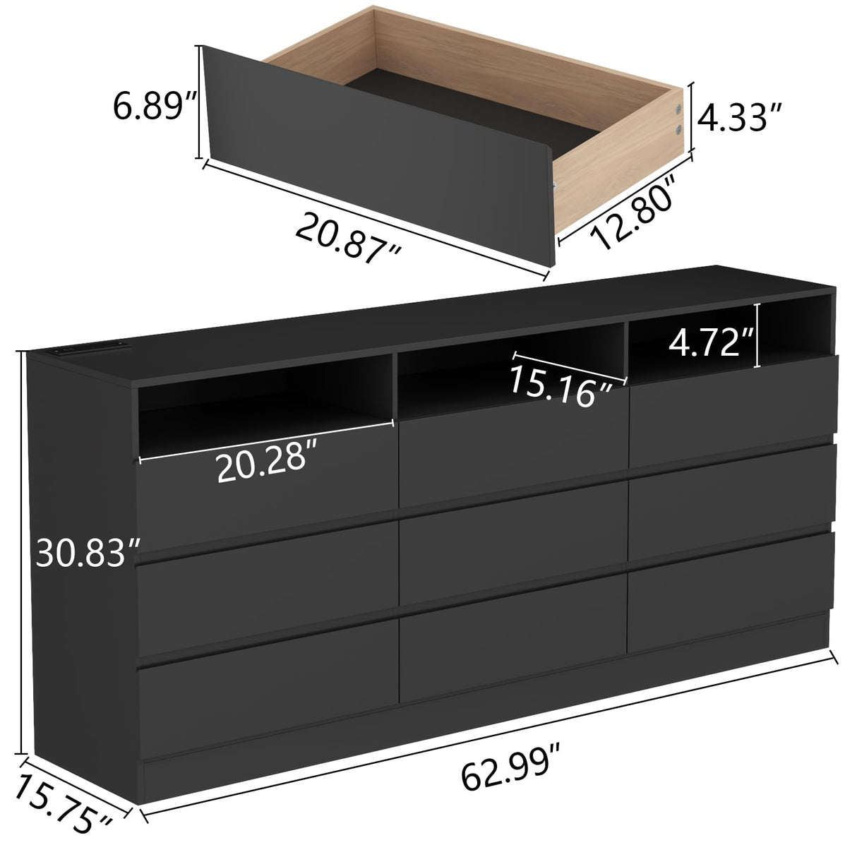 STIKELY 9 Drawer Dresser for Bedroom with Power Outlet and LED Light, Black Dresser Chest of Drawers for Closet, Modern Dressers Organizer Cabinet for Living Room, Entryway, Hallway STIKELY