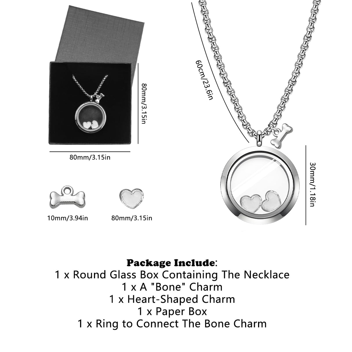 Pet Fur Memorial Necklace Pet Dog Ashes Keepsake Pet Urn Pendant Memorial Jewelry Necklace Transparent Glass Circle Stainless Steel Chain Cat Hair Memorial Gifts, Heart Necklace for Dried Flowers HINGTAI