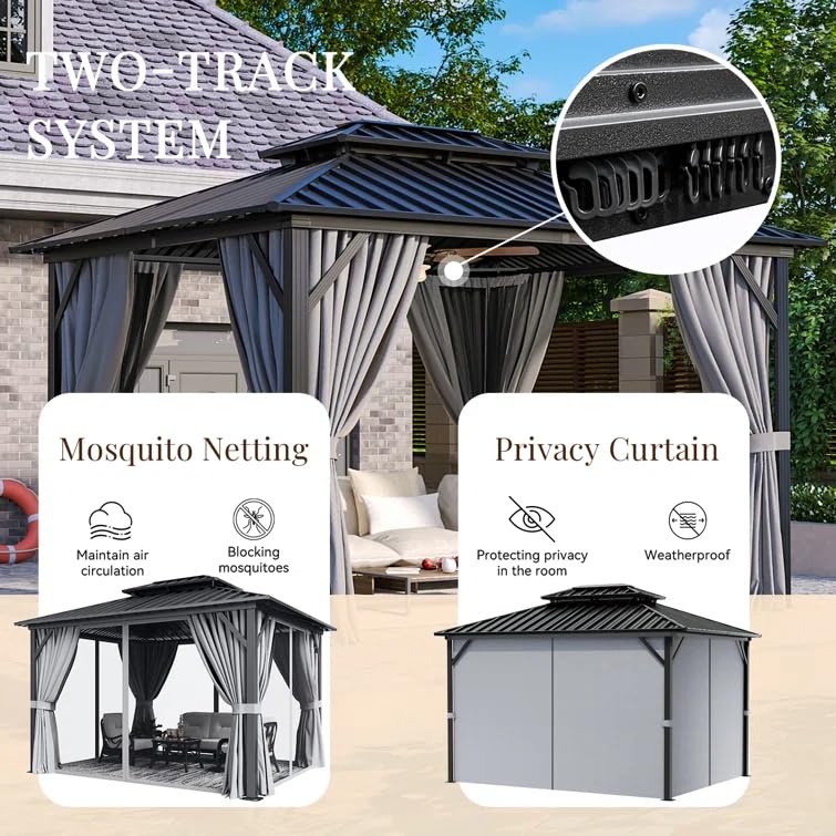 Jolydale Hardtop Gazebo 10X12ft, Outdoor Aluminum Gazebo with Galvanized Steel Double Roof, Permanent Metal Pavilion with Netting, Curtains Jolydale