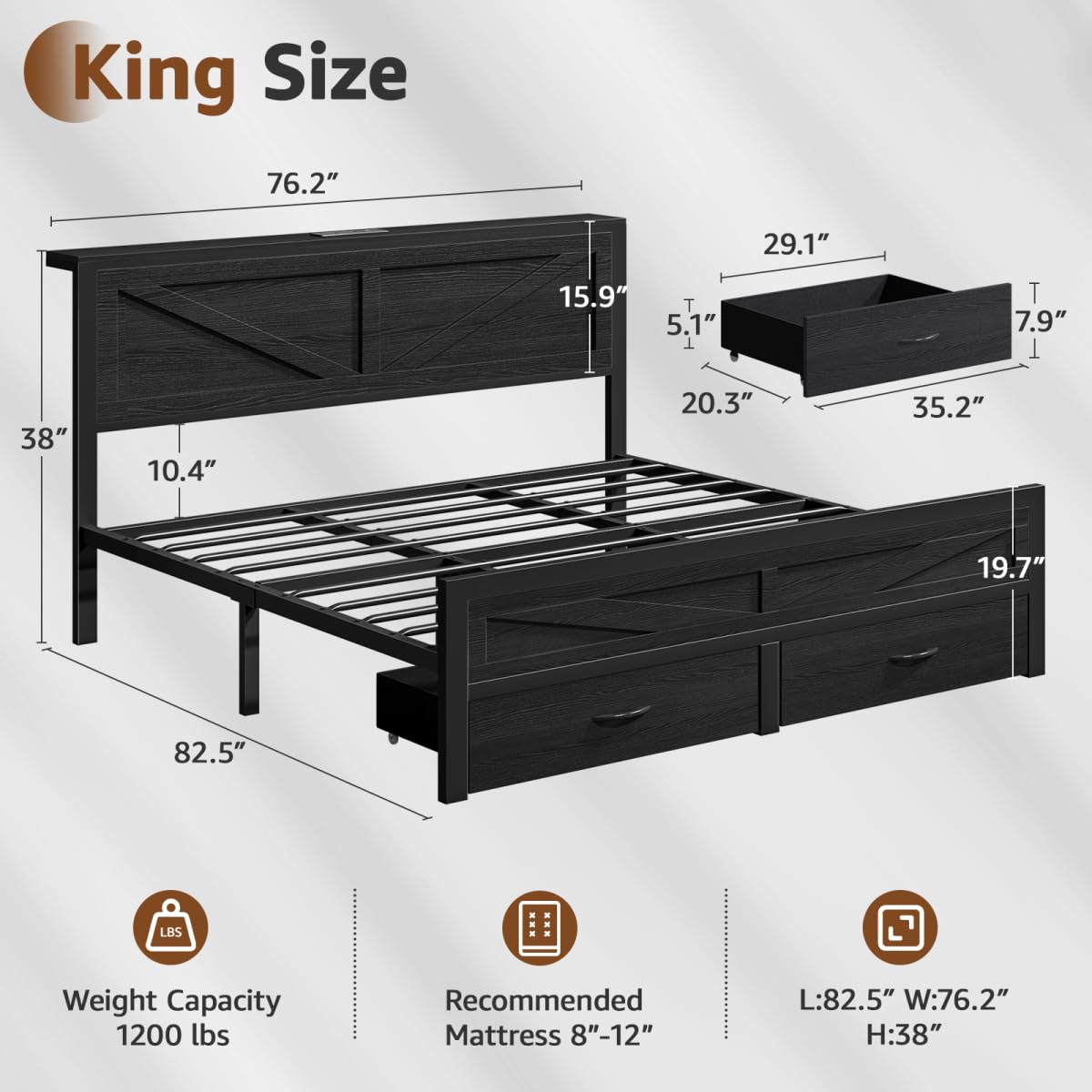 Siihnon Rustic King Size Bed Frame with Storage Drawers and Barn Door Headboard, Farmhouse LED King Bed Frame with Charging Station, Metal Industrial Platform Bed Frames, No Box Spring Needed, Black Siihnon