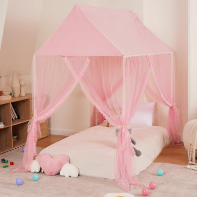 ZRVTM Princess Bed Canopy for Girls - Pink Canopy Princess Castle Dreamy Playhouse Mosquito Net Reading Nook Canopies Play Tent Canopy Bed Curtains for Kids(Twin,Pink), Frame Not Included