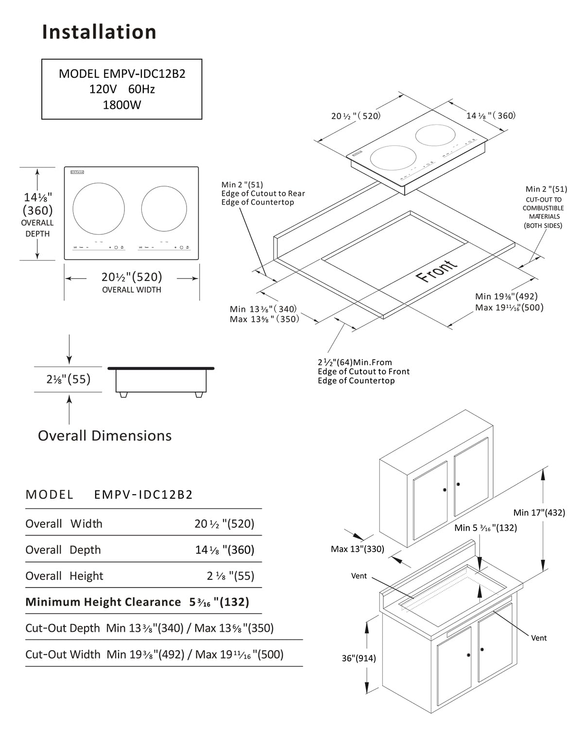 Empava IDC12B2 Horizontal Electric Stove Induction Cooktop with 2 Burners in Black Vitro Ceramic Smooth Surface Glass 120V, 12 Inch Empava