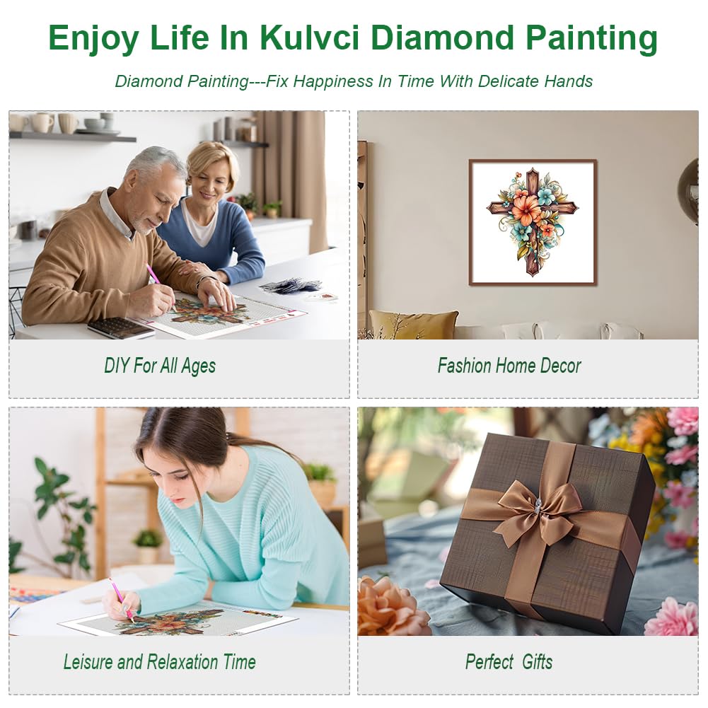 Kulvci Cross Flower Diamond Art Painting Kits for Adults, Diamond Art Kits for Beginners, 5D DIY Full Drill Gem Craft for Home Decor Gift 12x12inch Kulvci