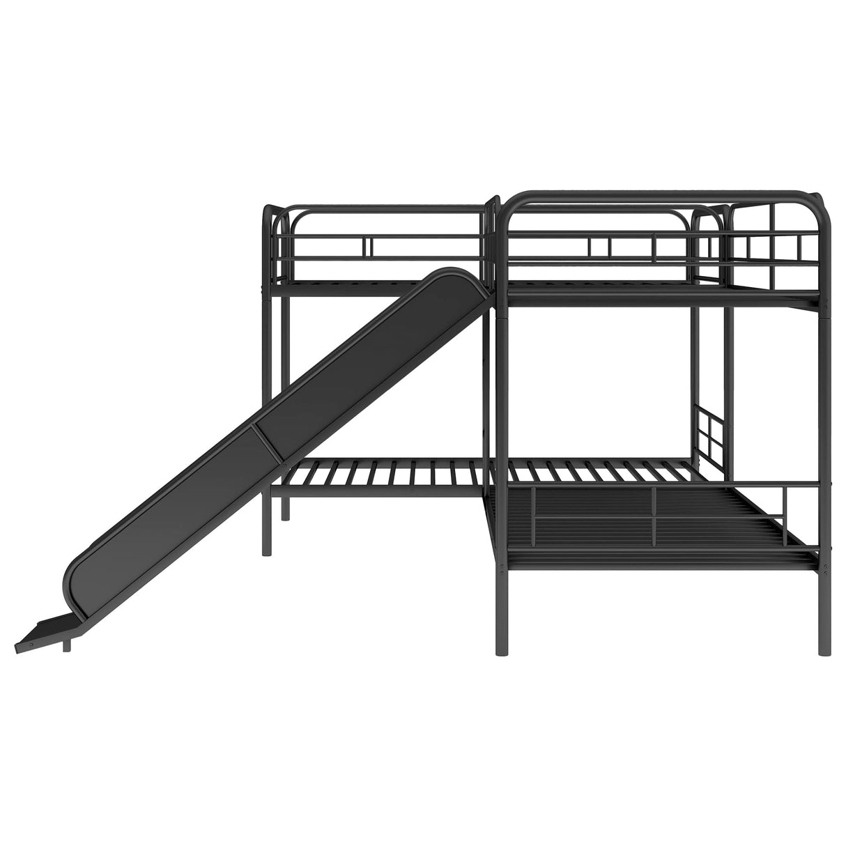 Merax L Shaped Bunk Bed for 4, Metal Quad Bunk Bed with Slide and Ladder, Twin Over Twin Bunk Bedframe with Full-Length Guardrail for Kids Teens Adults Bedroom Boys, 4 Twin Size Beds, Black Merax