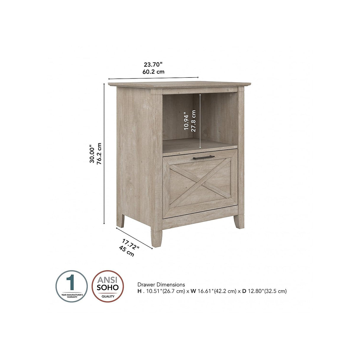 Bush Furniture Key West Washed Gray 1-Drawer Lateral File Cabinet with Shelf Bush Business Furniture
